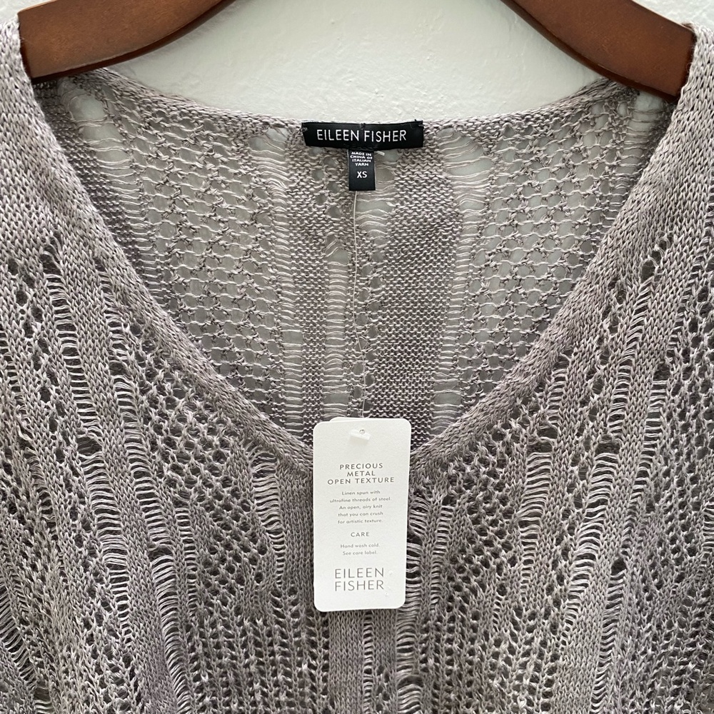 Eileen Fisher Precious Metal Open Texture Linen Silver V Neck S/S Top XS - Picture 2 of 11